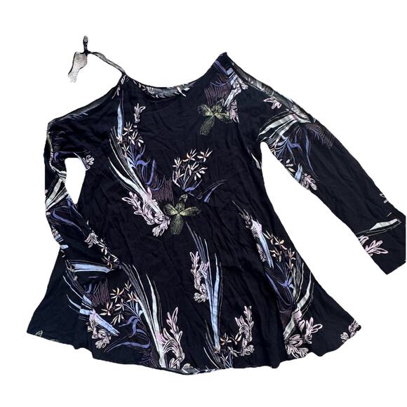 FREE PEOPLE FLORAL BLACK DRESS XS COLD SHOULDER TIES S EUC - Picture 1 of 4